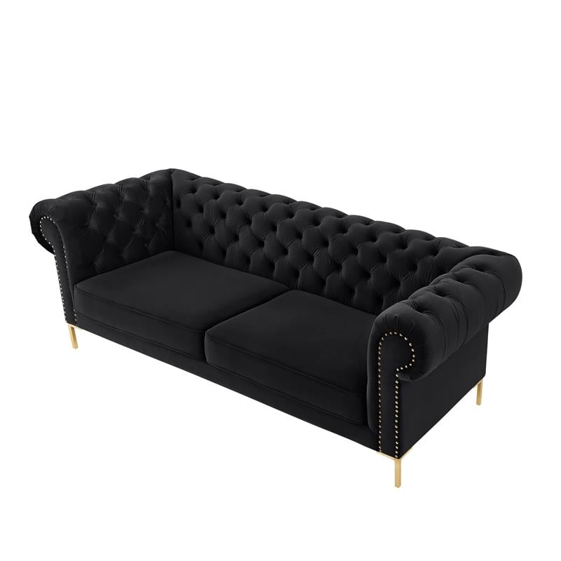 Arlette Sofa Black Velvet  Button Tufted Gold Nailhead Trim Sinuous Springs