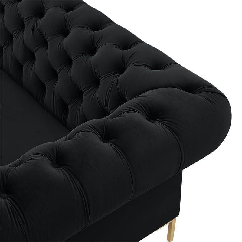 Arlette Sofa Black Velvet  Button Tufted Gold Nailhead Trim Sinuous Springs