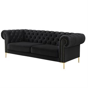 Arlette Sofa Black Velvet  Button Tufted Gold Nailhead Trim Sinuous Springs