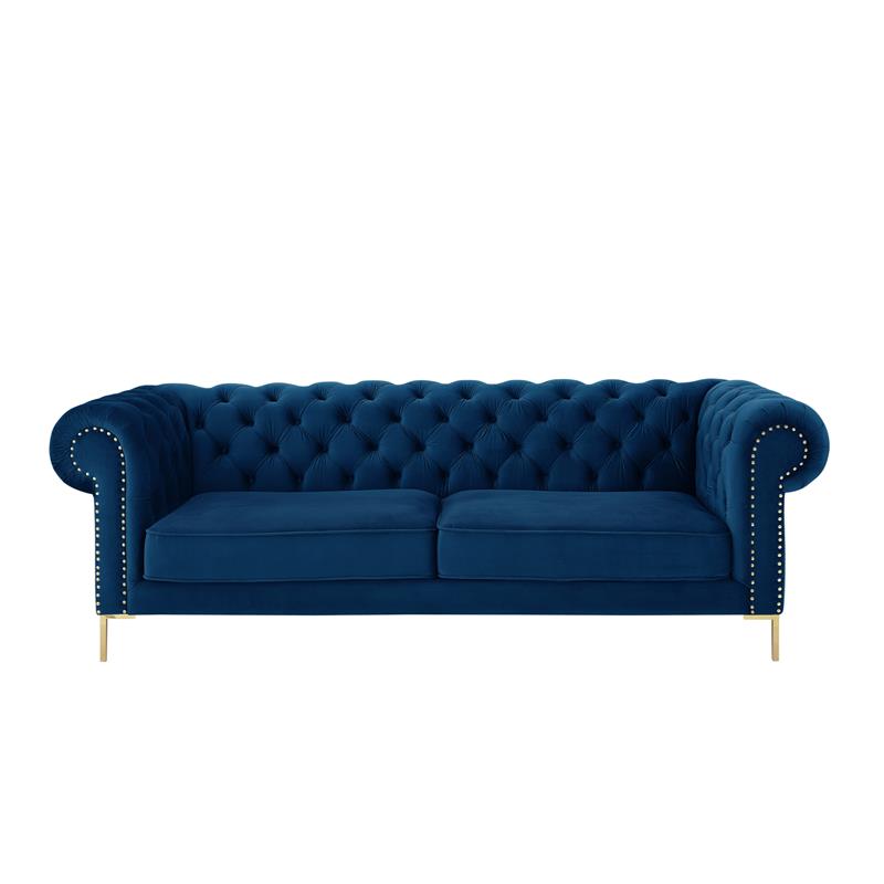 Arlette Sofa Navy Velvet  Button Tufted Gold Nailhead Trim Sinuous Springs