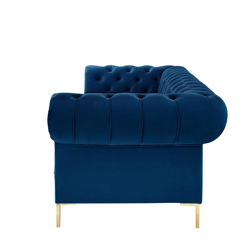Arlette Sofa Navy Velvet  Button Tufted Gold Nailhead Trim Sinuous Springs