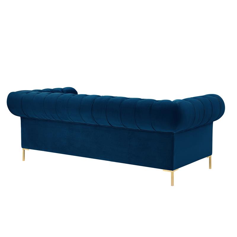 Arlette Sofa Navy Velvet  Button Tufted Gold Nailhead Trim Sinuous Springs