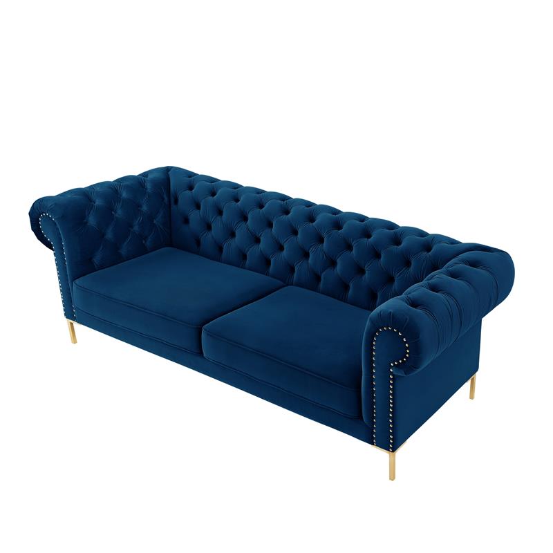 Arlette Sofa Navy Velvet  Button Tufted Gold Nailhead Trim Sinuous Springs