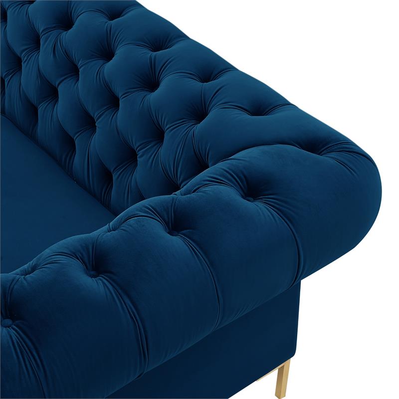 Arlette Sofa Navy Velvet  Button Tufted Gold Nailhead Trim Sinuous Springs
