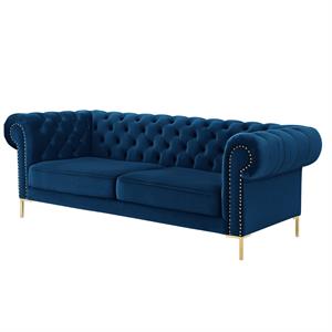 Arlette Sofa Navy Velvet  Button Tufted Gold Nailhead Trim Sinuous Springs