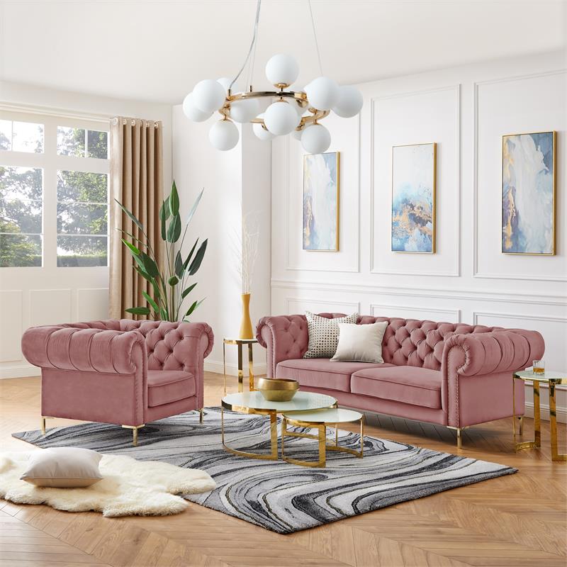 Arlette Sofa Rust Velvet  Button Tufted Gold Nailhead Trim Sinuous Springs