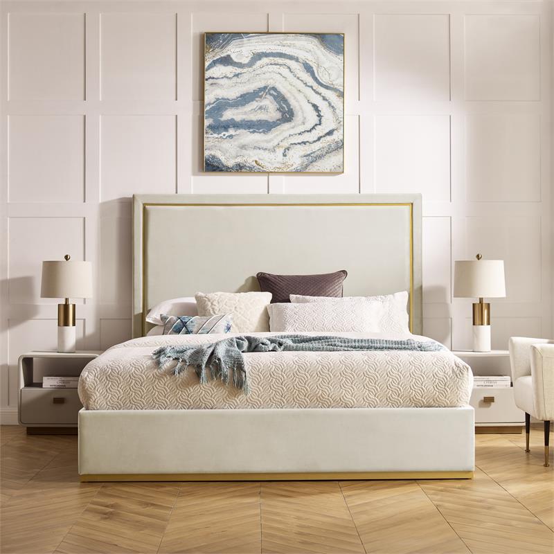 Creed Bed Beige Velvet King Upholstered Powder Coated Gold Frame and Base