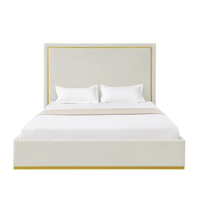 Creed Bed Beige Velvet King Upholstered Powder Coated Gold Frame and Base