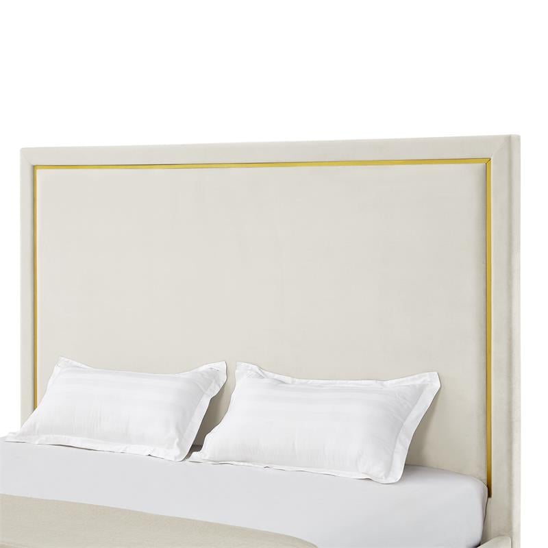 Creed Bed Beige Velvet King Upholstered Powder Coated Gold Frame and Base
