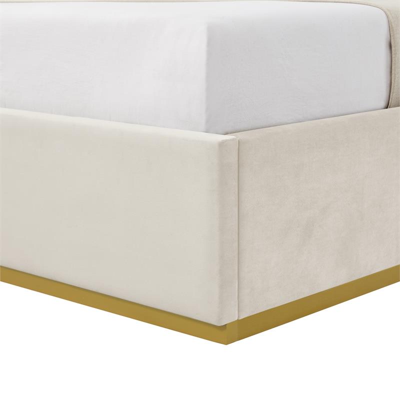 Creed Bed Beige Velvet King Upholstered Powder Coated Gold Frame and Base