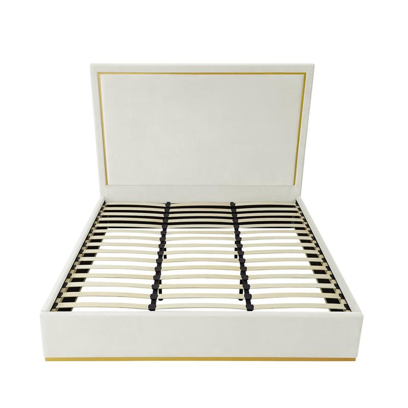 Creed Bed Beige Velvet Queen Upholstered Powder Coated Gold Frame and Base