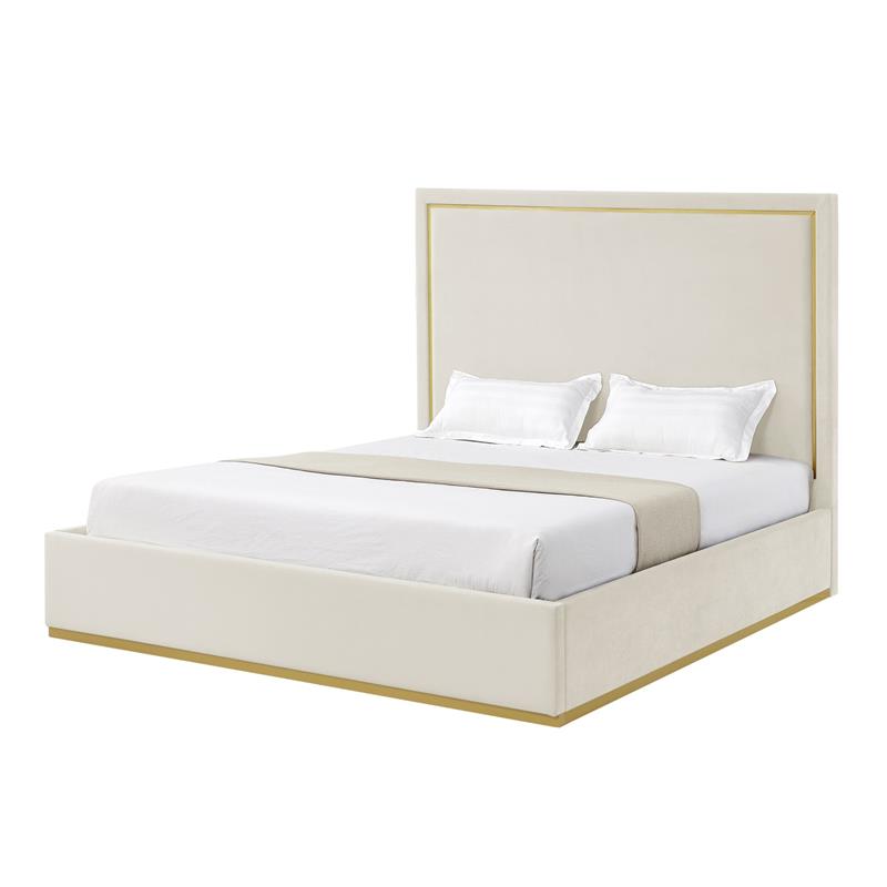 Creed Bed Beige Velvet Queen Upholstered Powder Coated Gold Frame and Base