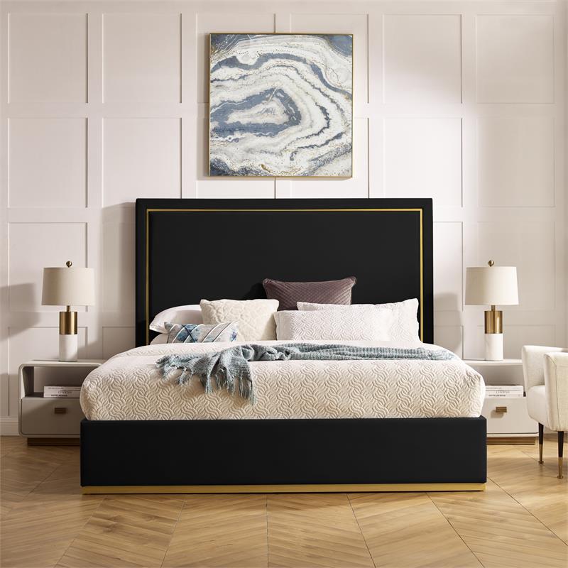 Creed Bed Black Velvet King Upholstered Powder Coated Gold Frame and Base