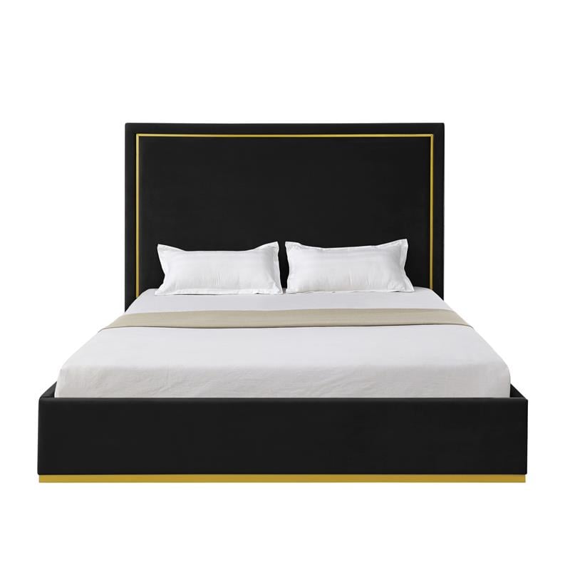 Creed Bed Black Velvet Queen Upholstered Powder Coated Gold Frame and Base