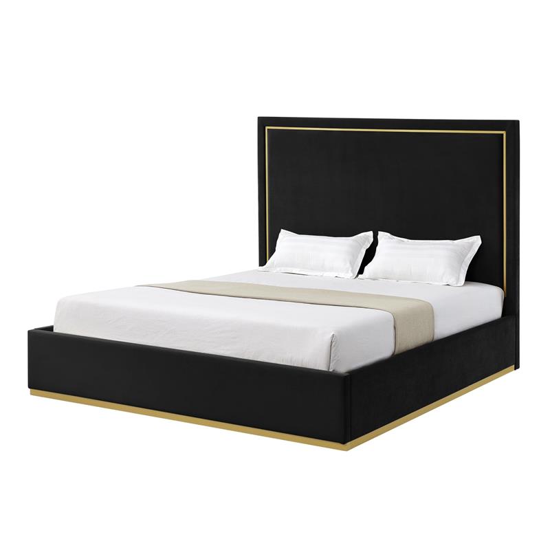 Creed Bed Black Velvet Queen Upholstered Powder Coated Gold Frame and Base