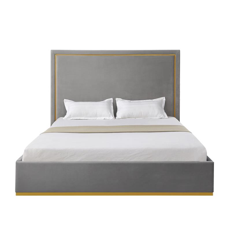 Creed Bed Grey Velvet King Upholstered Powder Coated Gold Frame and Base