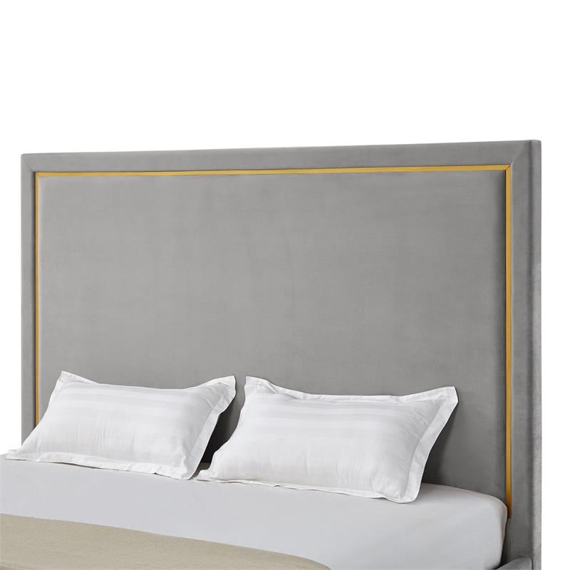 Creed Bed Grey Velvet King Upholstered Powder Coated Gold Frame and Base
