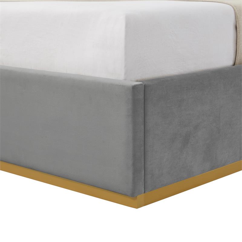 Creed Bed Grey Velvet King Upholstered Powder Coated Gold Frame and Base