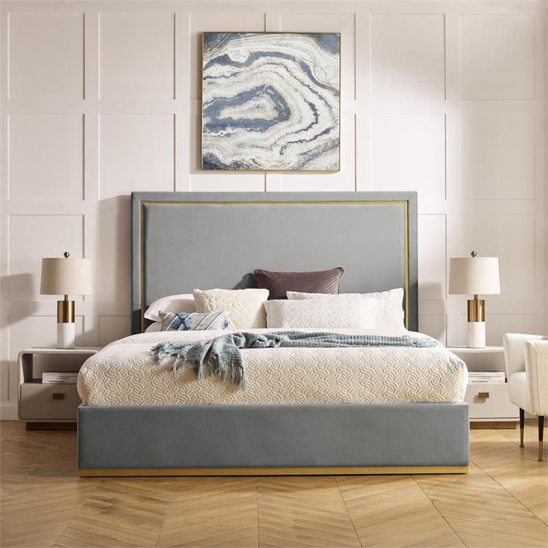 Creed Bed Grey Velvet Queen Upholstered Powder Coated Gold Frame and Base