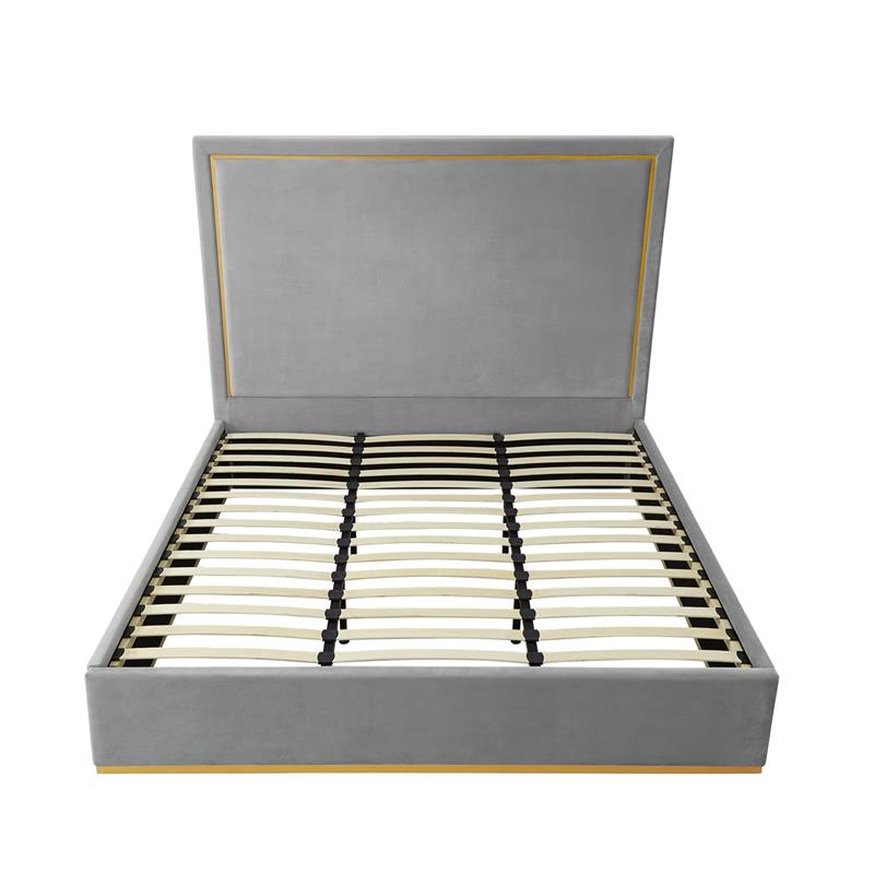 Creed Bed Grey Velvet Queen Upholstered Powder Coated Gold Frame and Base