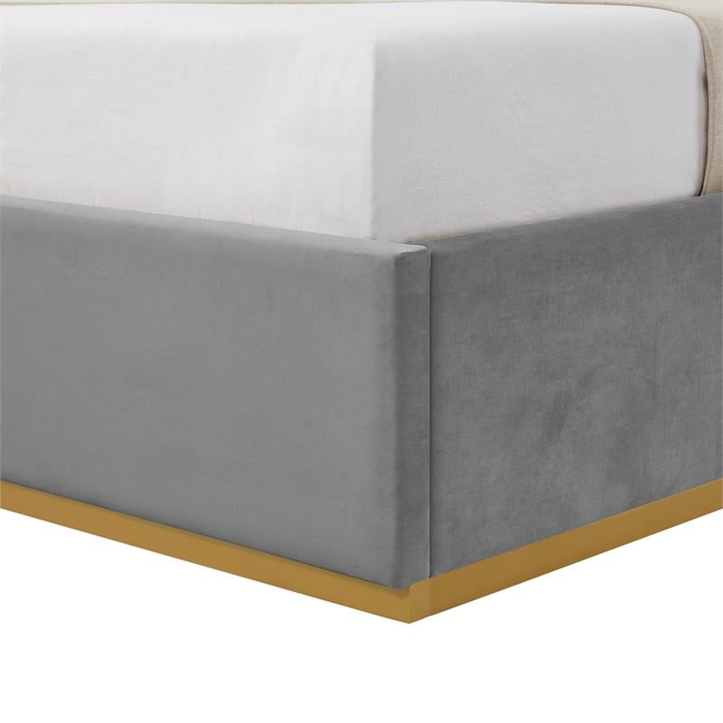 Creed Bed Grey Velvet Queen Upholstered Powder Coated Gold Frame and Base