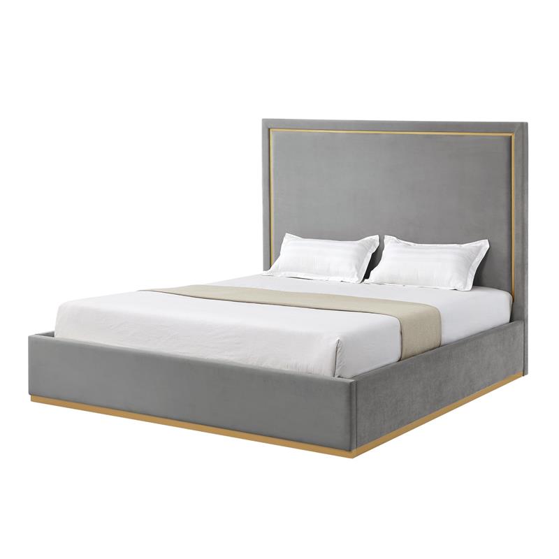 Creed Bed Grey Velvet Queen Upholstered Powder Coated Gold Frame and