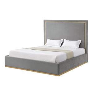 Creed Bed Grey Velvet Queen Upholstered Powder Coated Gold Frame and Base