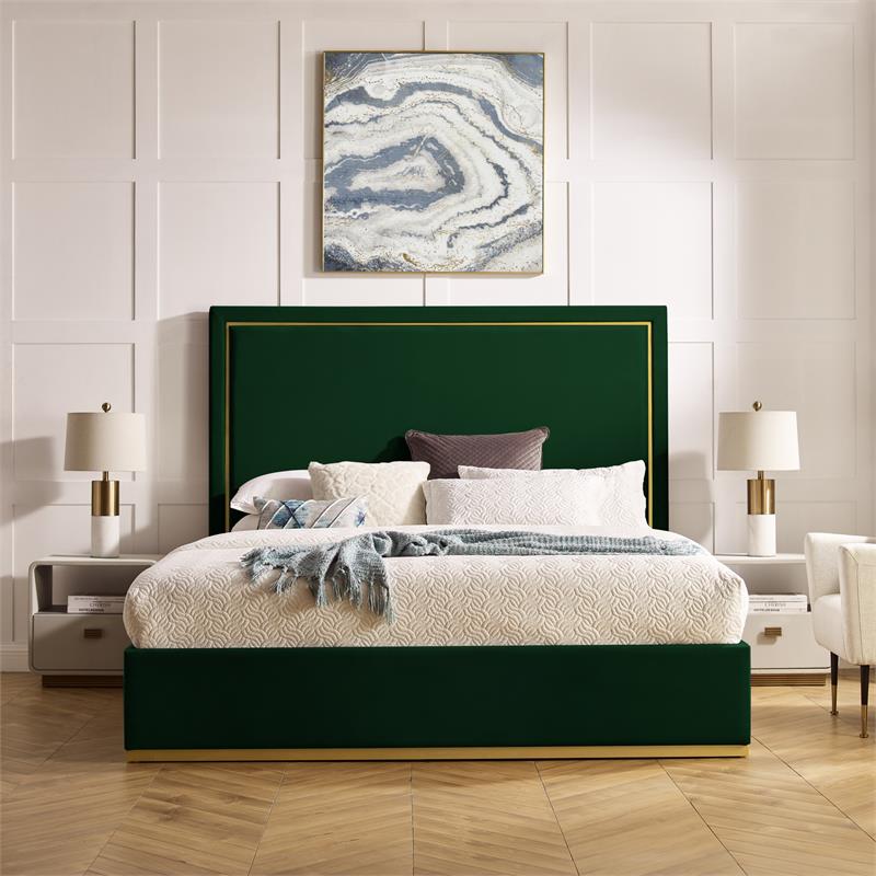 Creed Bed Hunter Green Velvet King Upholstered Powder Coated Gold Frame and Base