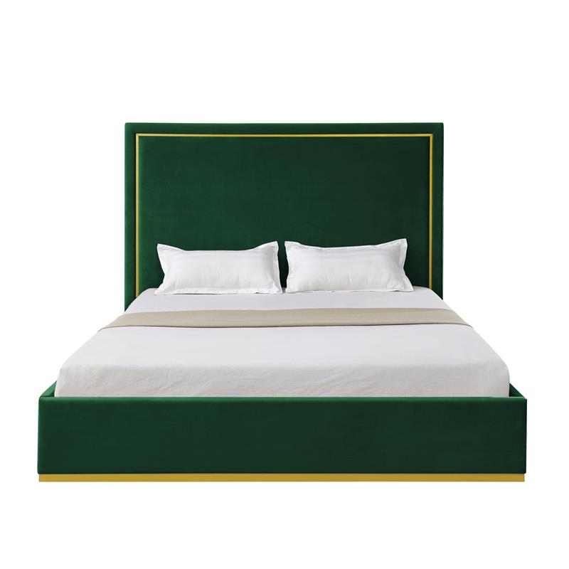 Creed Bed Hunter Green Velvet King Upholstered Powder Coated Gold Frame and Base