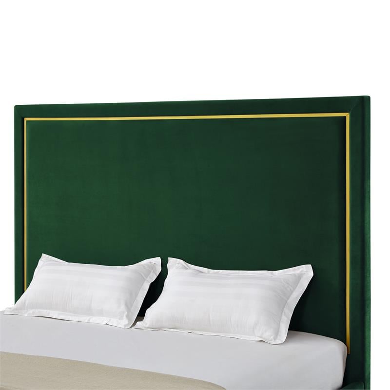 Creed Bed Hunter Green Velvet King Upholstered Powder Coated Gold Frame and Base
