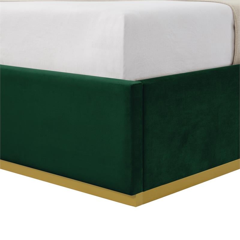 Creed Bed Hunter Green Velvet King Upholstered Powder Coated Gold Frame and Base