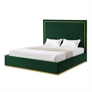 Creed Bed Hunter Green Velvet King Upholstered Powder Coated Gold Frame and Base