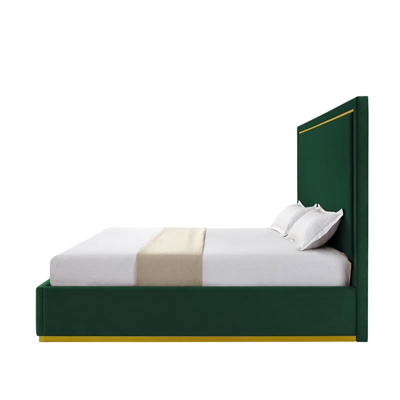 Creed Bed Hunter Green Velvet Queen Upholstered Powder Coated Gold Frame Base