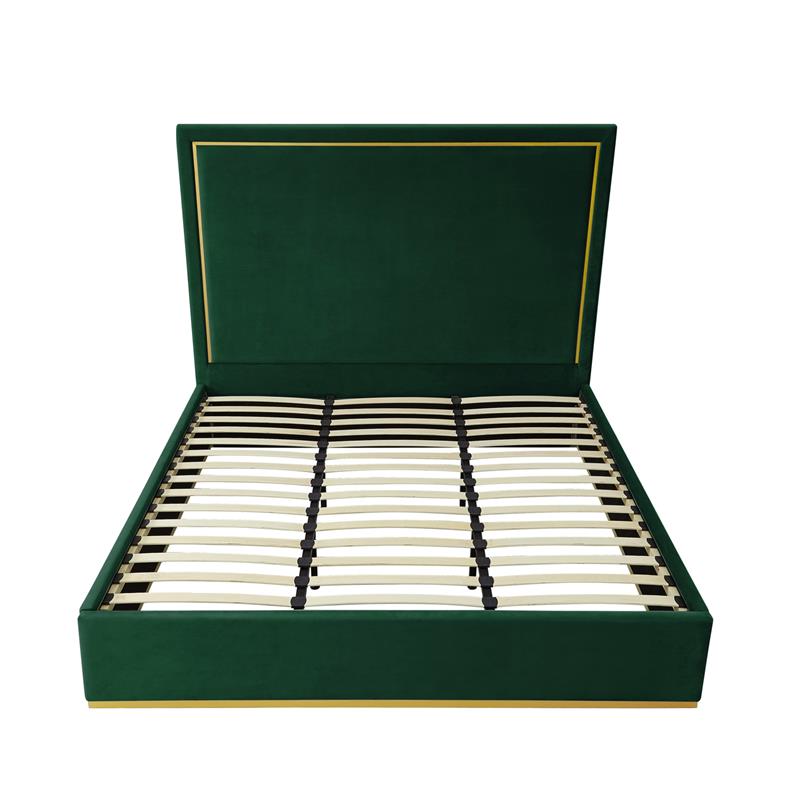 Creed Bed Hunter Green Velvet Queen Upholstered Powder Coated Gold Frame Base