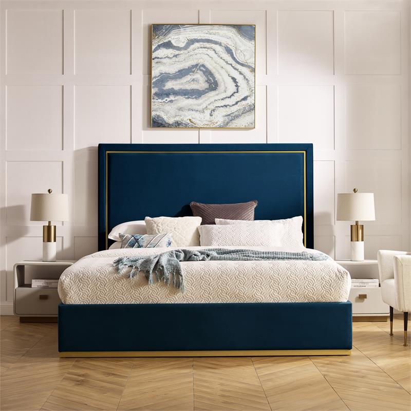 Creed Bed Navy Velvet King Upholstered Powder Coated Gold Frame and Base