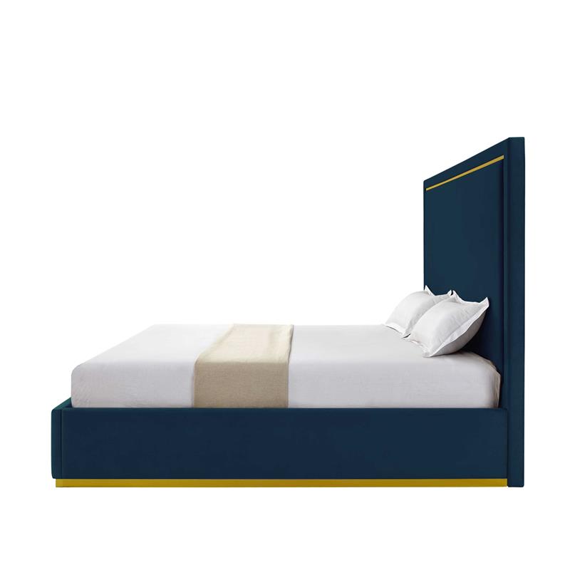 Creed Bed Navy Velvet King Upholstered Powder Coated Gold Frame and Base