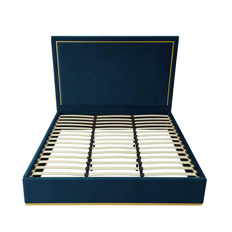 Creed Bed Navy Velvet King Upholstered Powder Coated Gold Frame and Base