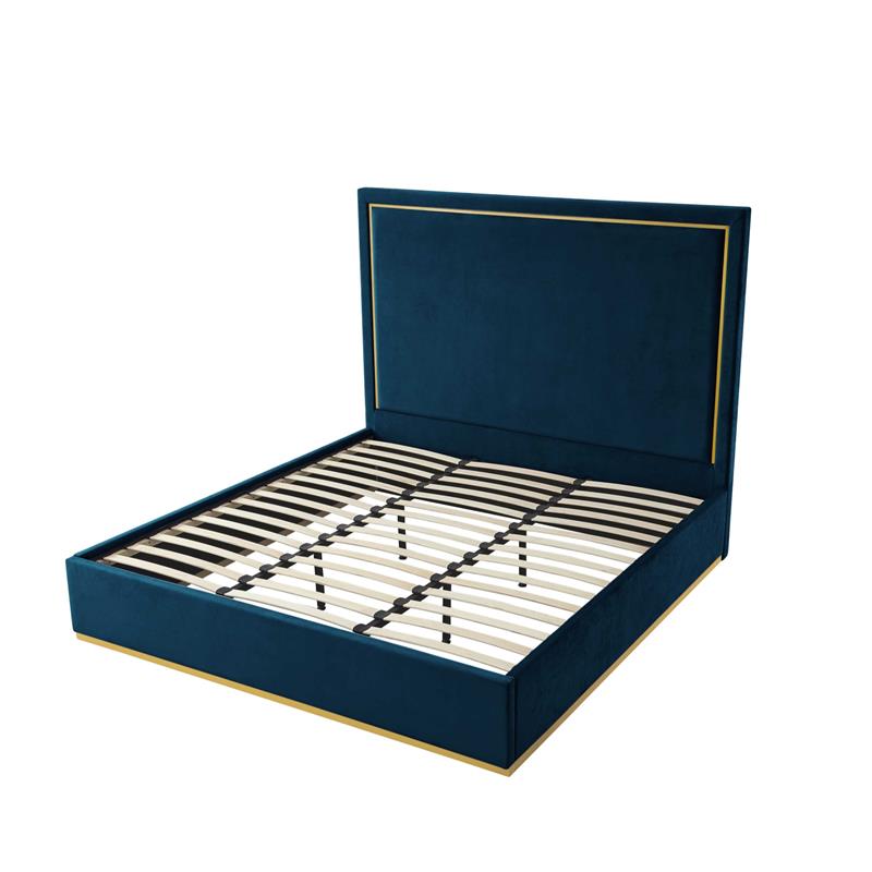 Creed Bed Navy Velvet King Upholstered Powder Coated Gold Frame and Base