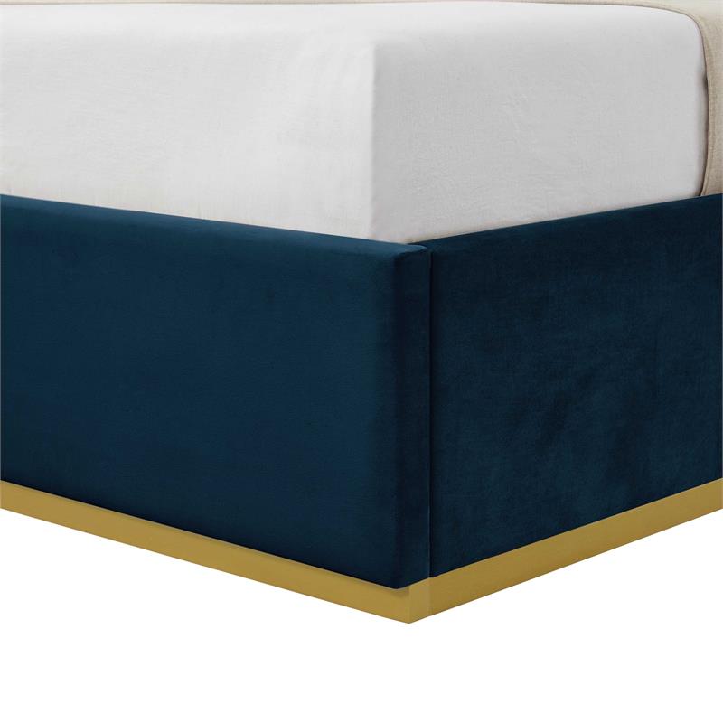 Creed Bed Navy Velvet King Upholstered Powder Coated Gold Frame and Base