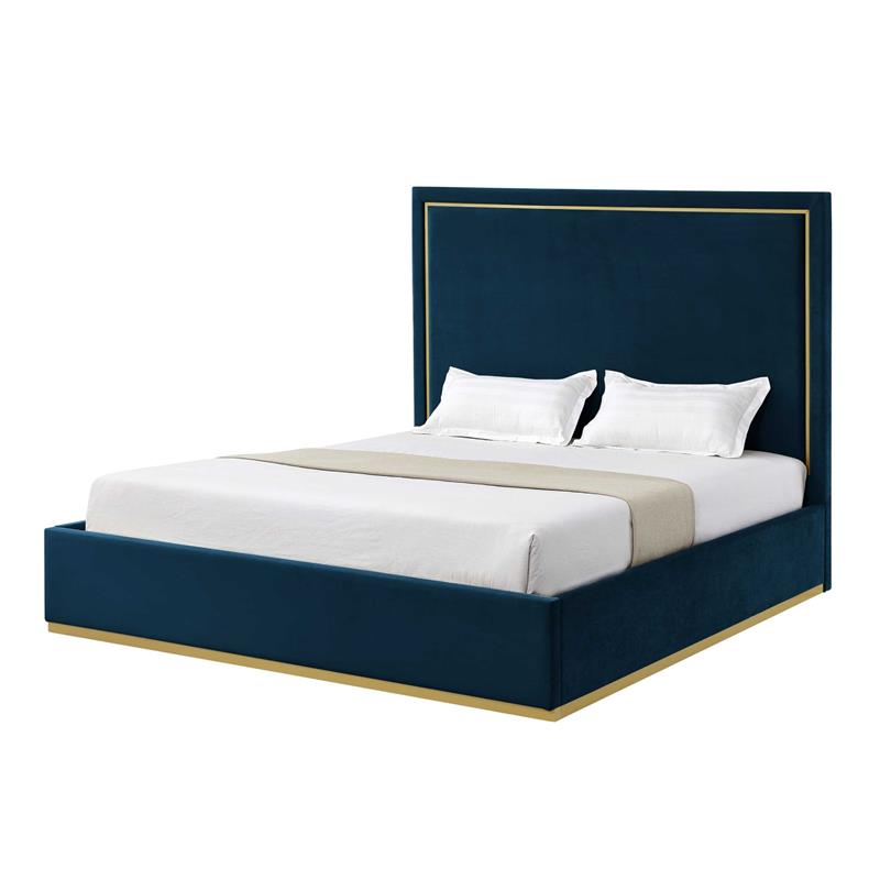 Creed Bed Navy Velvet King Upholstered Powder Coated Gold Frame and Base