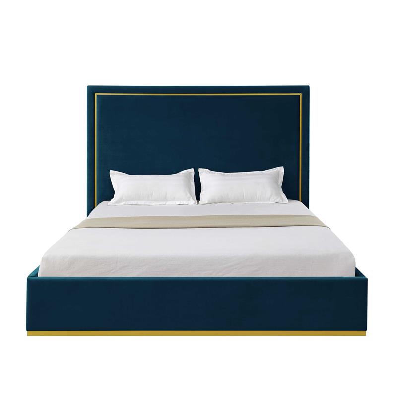 Creed Bed Navy Velvet Queen Upholstered Powder Coated Gold Frame and Base