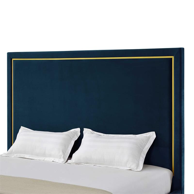 Creed Bed Navy Velvet Queen Upholstered Powder Coated Gold Frame and Base