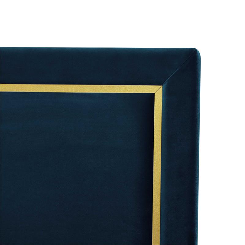 Creed Bed Navy Velvet Queen Upholstered Powder Coated Gold Frame and Base