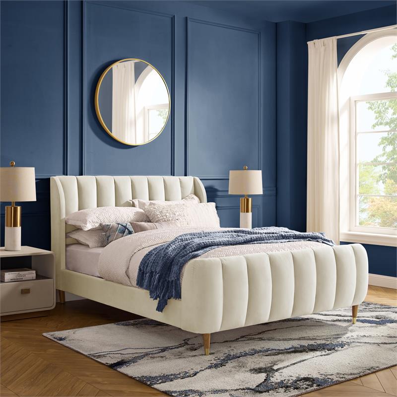 Aubreigh Bed Beige Velvet King Upholstered Channel Tufted