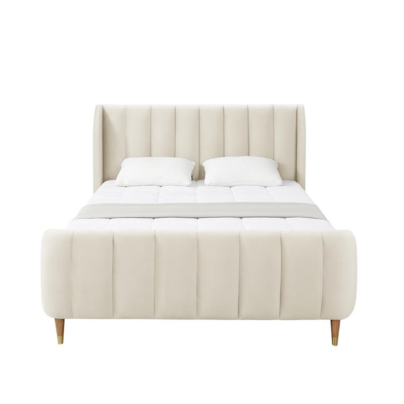 Aubreigh Bed Beige Velvet King Upholstered Channel Tufted
