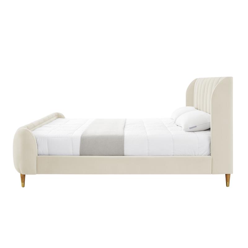 Aubreigh Bed Beige Velvet King Upholstered Channel Tufted