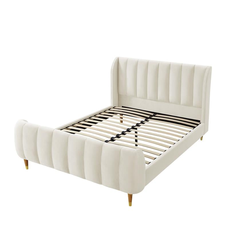 Aubreigh Bed Beige Velvet King Upholstered Channel Tufted