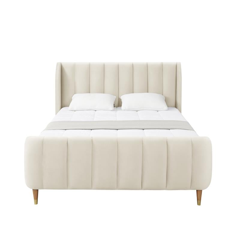 Aubreigh Bed Beige Velvet Queen Upholstered Channel Tufted