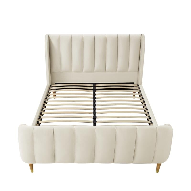 Aubreigh Bed Beige Velvet Queen Upholstered Channel Tufted