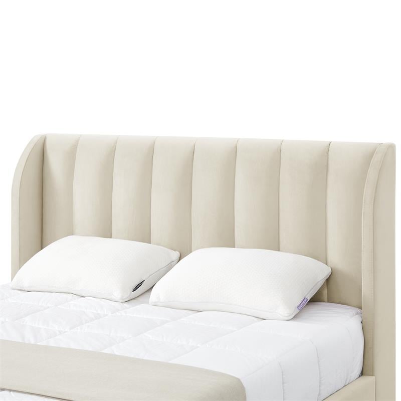 Aubreigh Bed Beige Velvet Queen Upholstered Channel Tufted